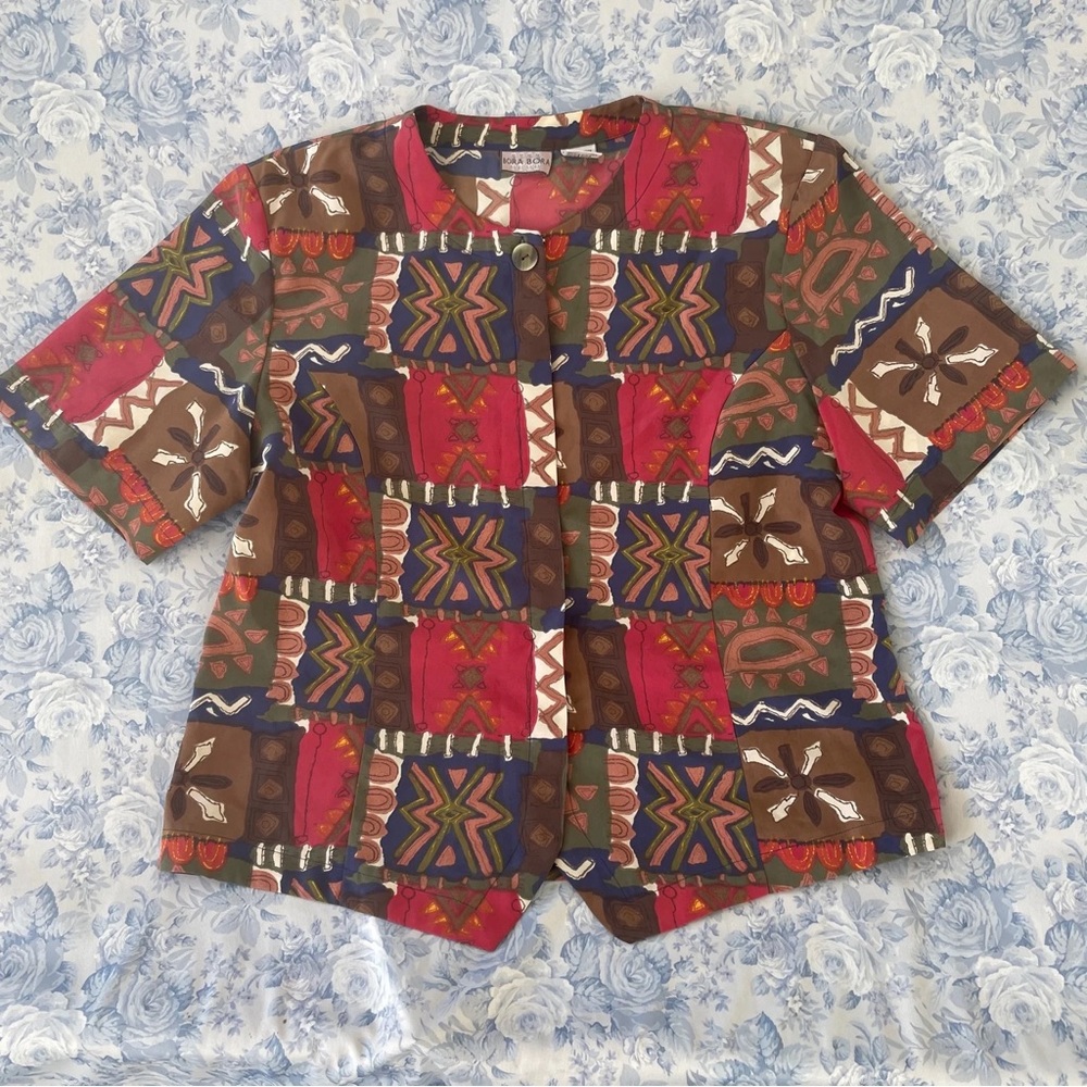 Vintage Blouse Large Button Down Short Sleeved Hippy Print 80s Top Green Red Sun